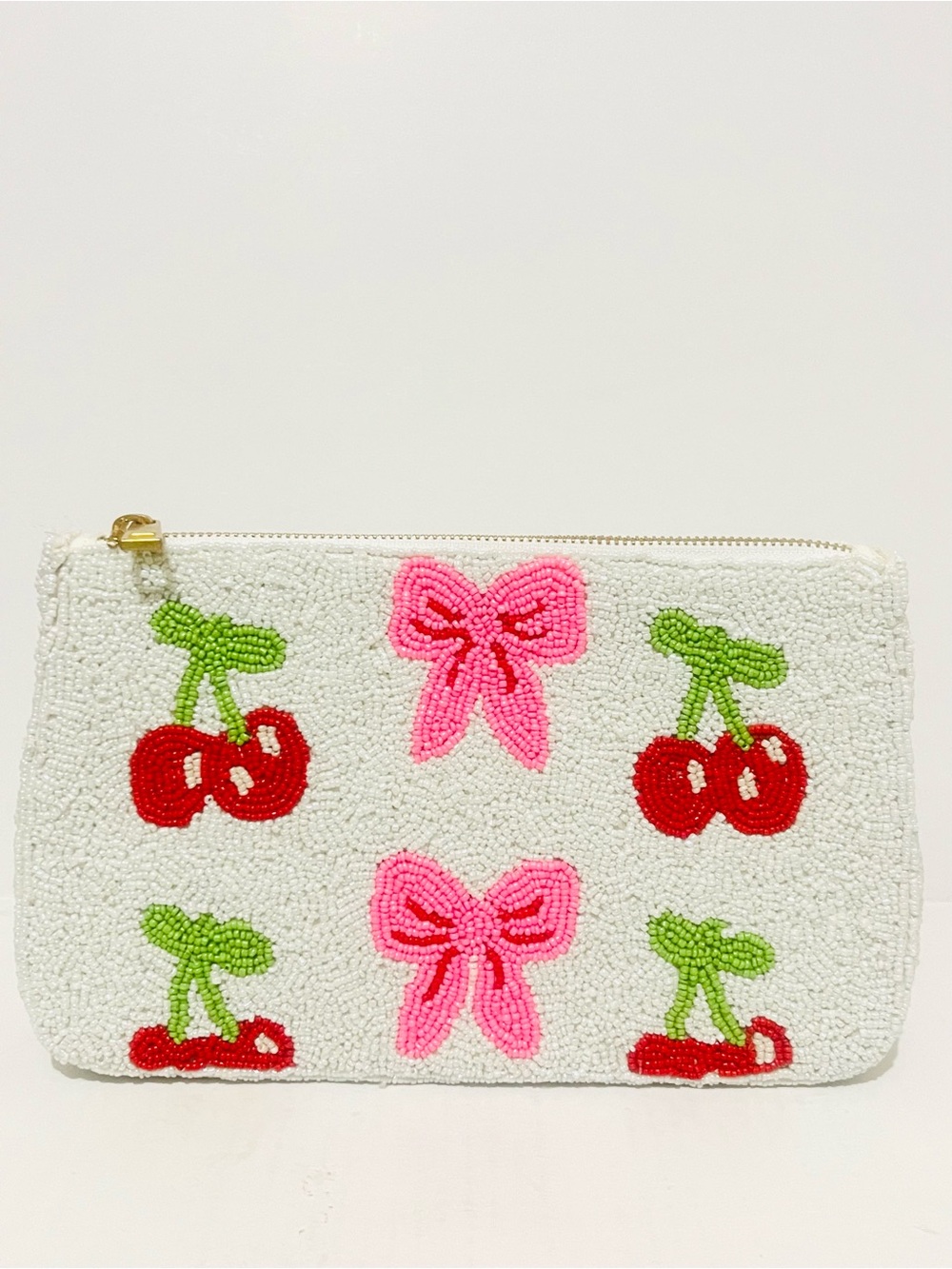 Wildfox White Beaded Cherry & Pink Bow Zip Pouch